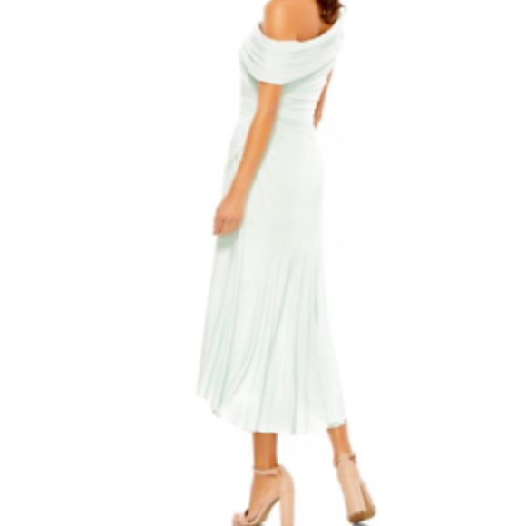 MAC DUGGAL FOR OVER RUCHED JERSEY THIGH SLIT MINT GREEN MIDI DRESS sz 2 - Picture 2 of 3